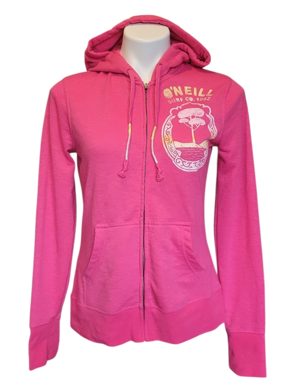 O'Neill Vintage Y2K Womens Medium Pink Graphic Zip Up Hooded Sweatshirt